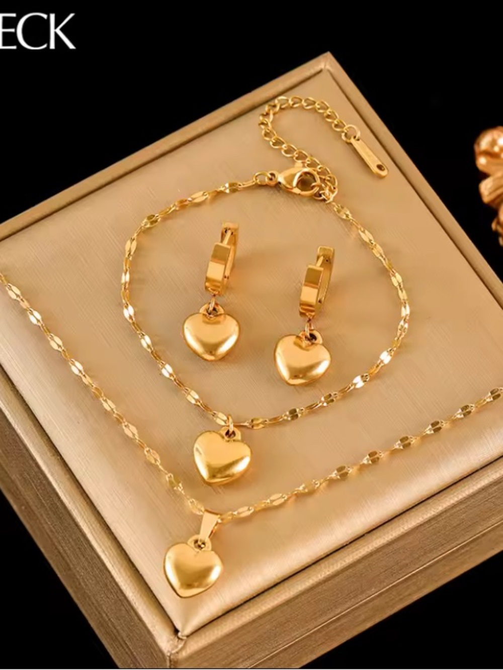 Gold Heart Pendant Necklace and Hoop Earring Set - Women Jewelry